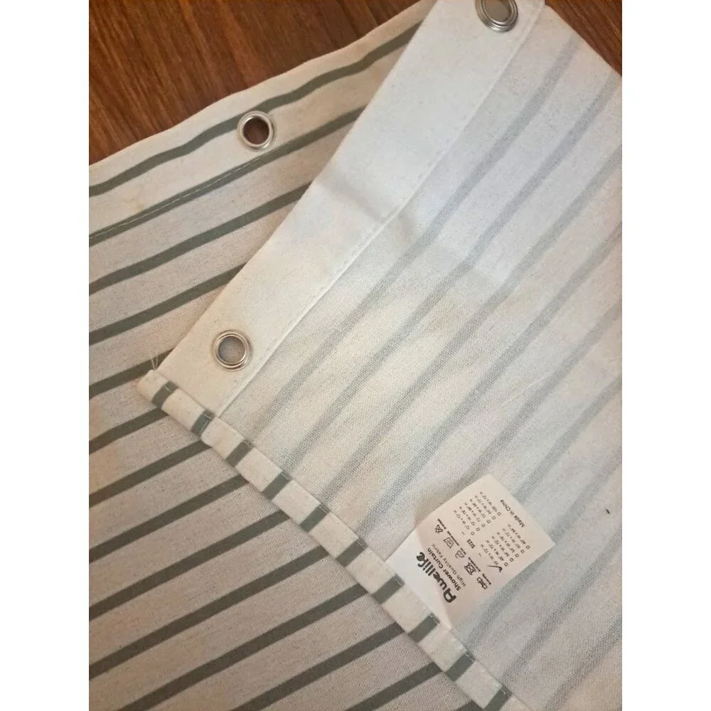 Fabric Curtain Green White Stripe W Tassels Shower Only Boho Cottage 36x72